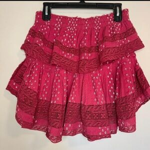 LoveShackFancy Oxblood Ruffle Mini Tiered Skirt - Size Large